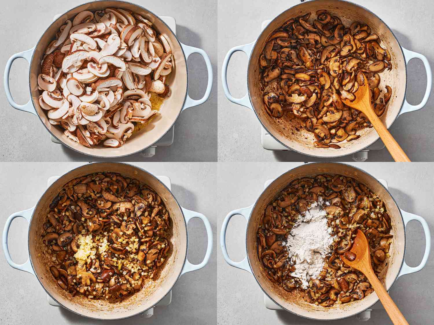 A four-image collage. The top left image shows mushrooms added to melted butter inside a Dutch oven over medium-high heat. The top right image shows the well-browned mushrooms inside the Dutch oven, with all of the liquid they have released now evaporated. The bottom left image shows onion and garlic inside of the pan with the mushrooms, with the onion and garlic softened. The bottom right image shows flour added to the onion, garlic, and mushrooms in the Dutch oven.