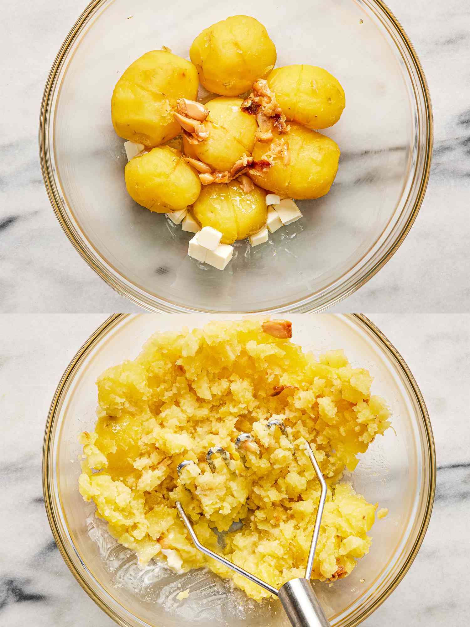 Overhead of butter garlic and potatoes