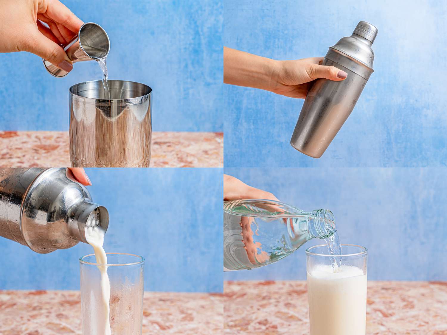 Four photos showing how to make a Ramos Fizz cocktail. The first photo shows gin being poured into a cocktail shaker. The second photo shows a hand shaking a cocktail shaker. The third photo shows the cocktail shaker being poured into a Collins glass. The fourth and final photo shows the Collins glass being topped off with seltzer.