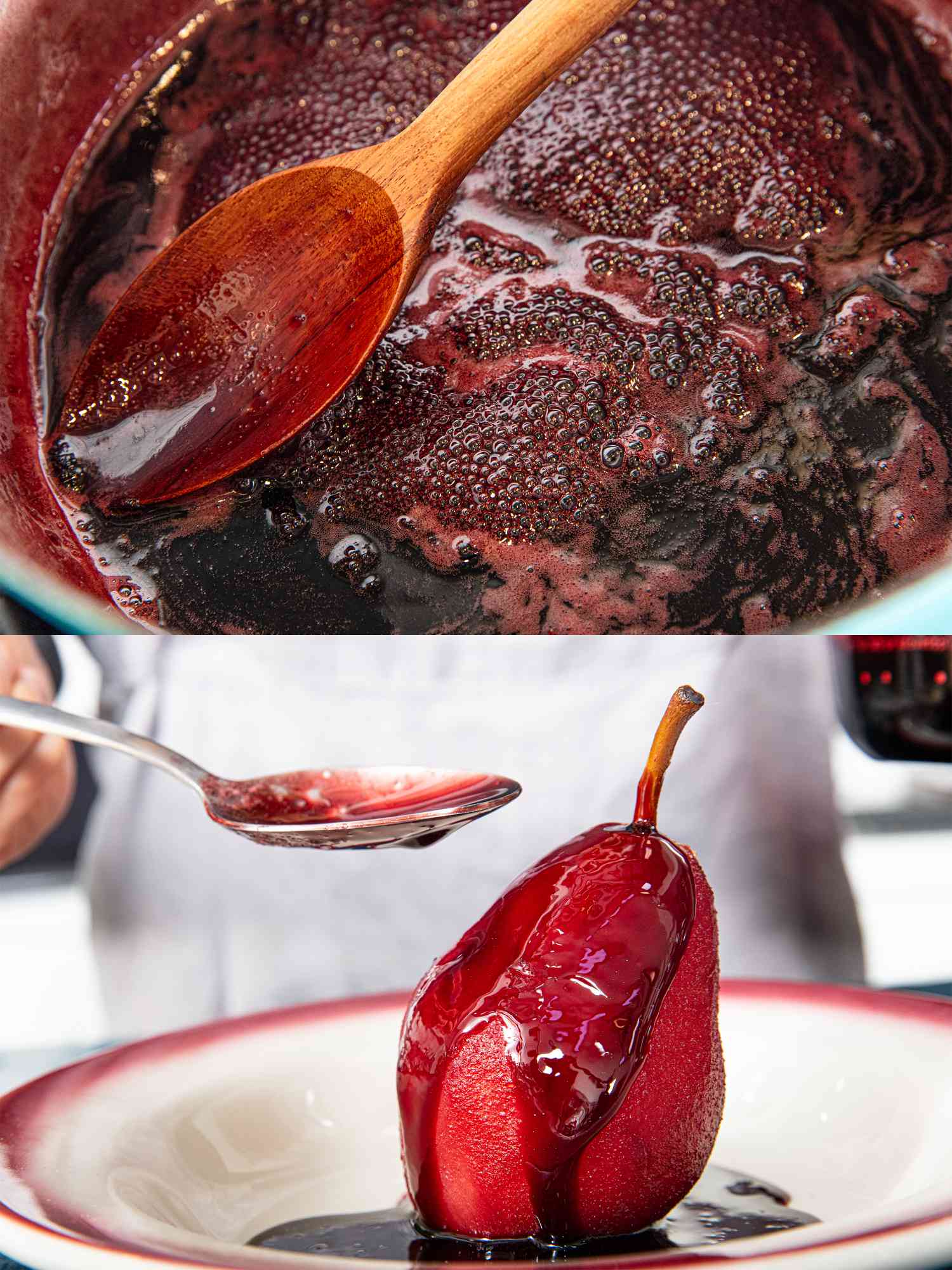 Two image collage of glaze in pot and glazing pears