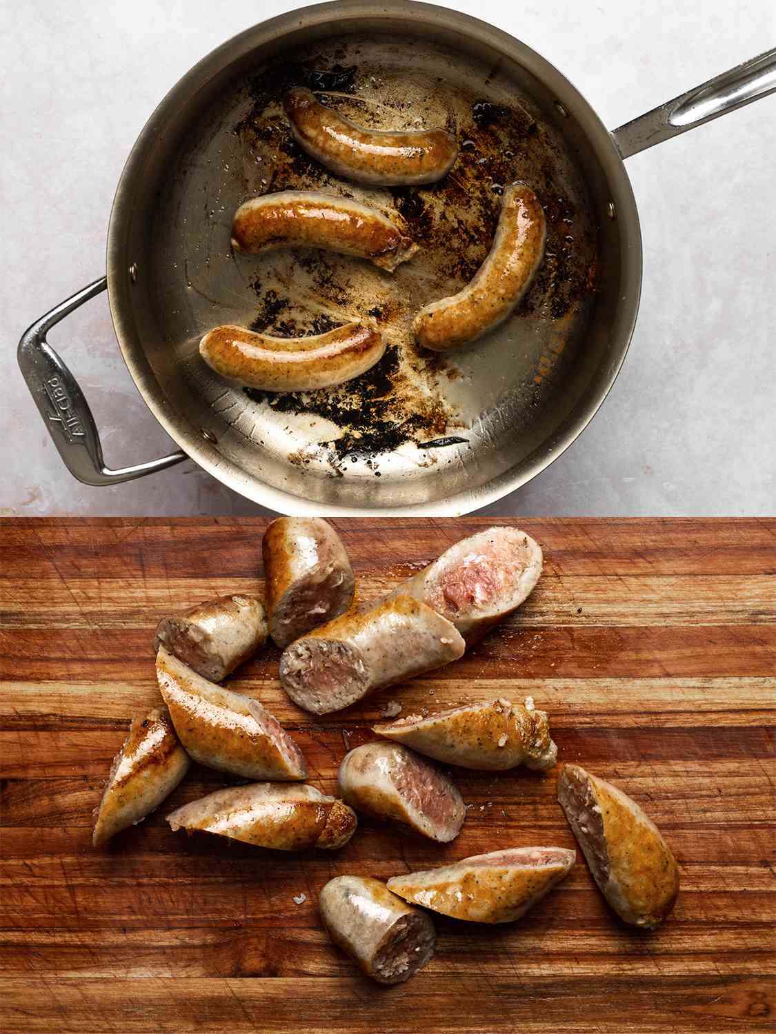 A two-image collage. The top image shows sausage flipped over inside of the stainless steel pan, showing its begun to brown. The bottom image shows the browned sausage links cut into 3 to 4 slices each on a wooden cutting board. 