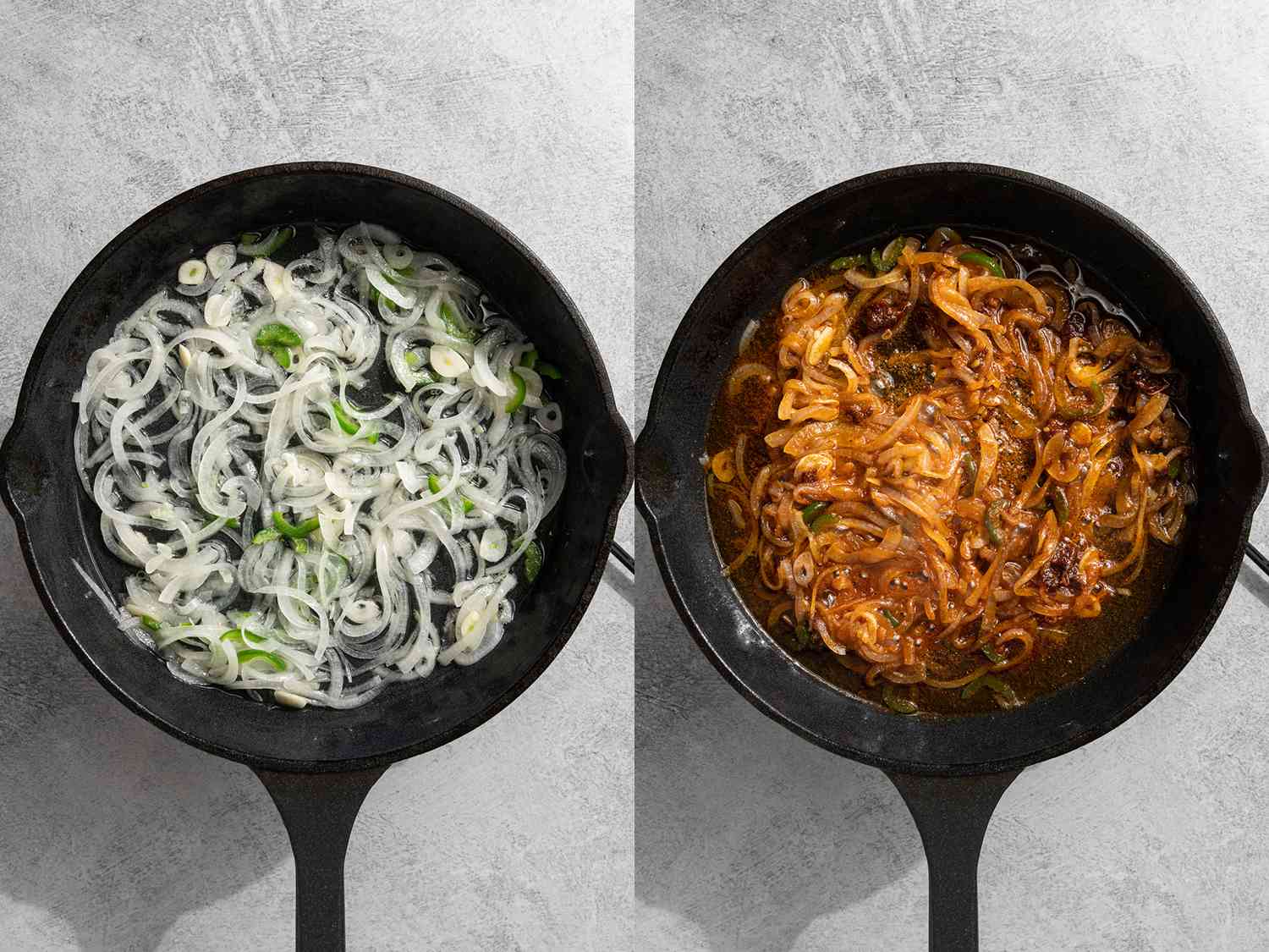 Onions, garlic, and jalapeÃ±os cooking in spices