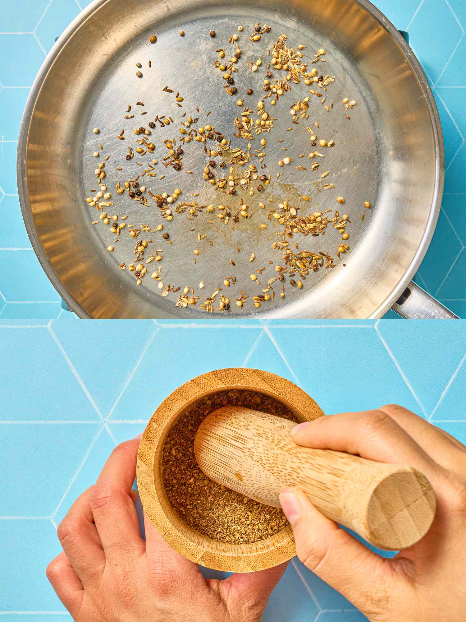 A pan with toasted spices and a mortar and pestle being used by hands to grind them