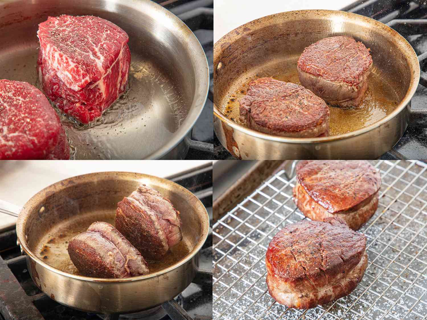 Four image collage of steaks cooking 