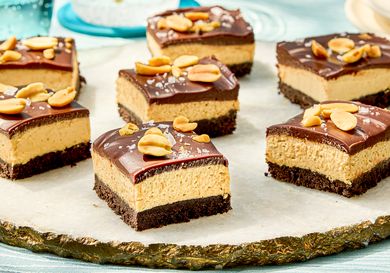 Chocolate peanut butter cheesecake bars garnished with peanuts arranged on a serving plate