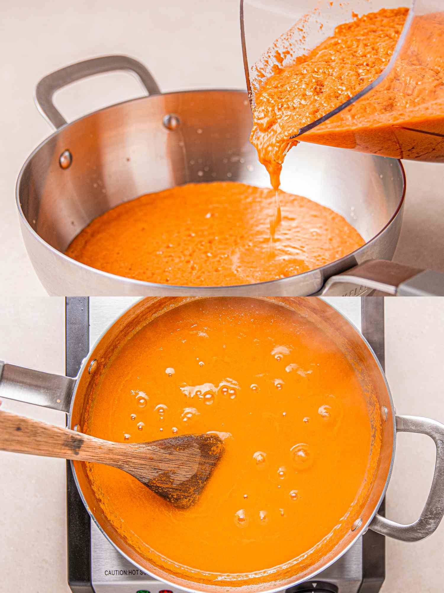 Pouring blended tomato mixture into a pot and stirring it during preparation for a Nigerian dish jollof rice