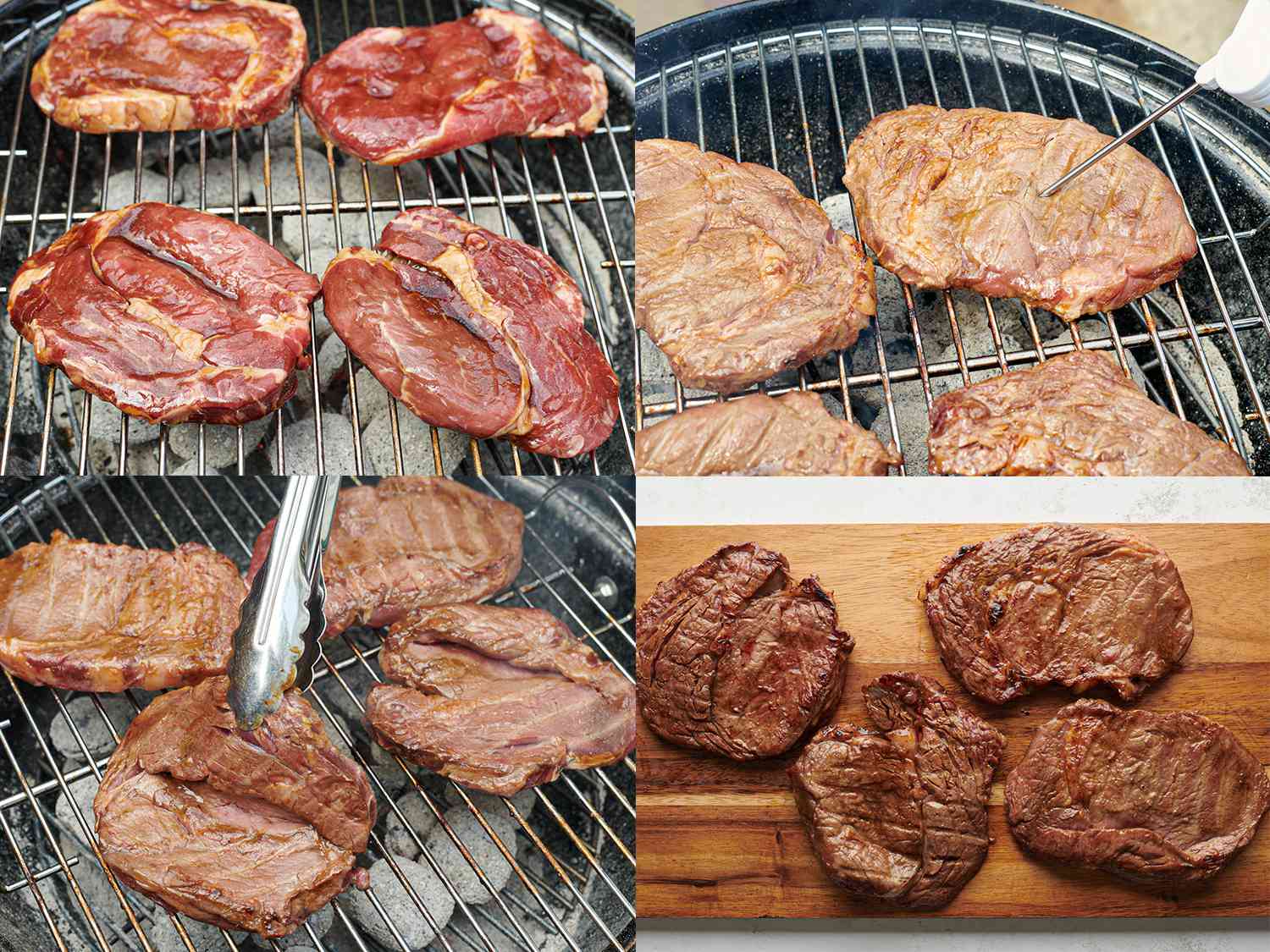 A four-image collage. The top left image shows the steaks placed on the hot grill. The top right image shows the steaks, now flipped, with a thermometer inserted. The bottom left image shows the steaks being flipped with a pair of tongs. The bottom right image shows the cooked steaks resting on a cutting board.