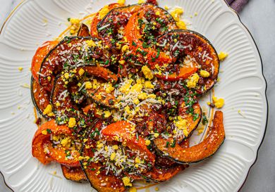 Roasted squash with cheese and eggs.