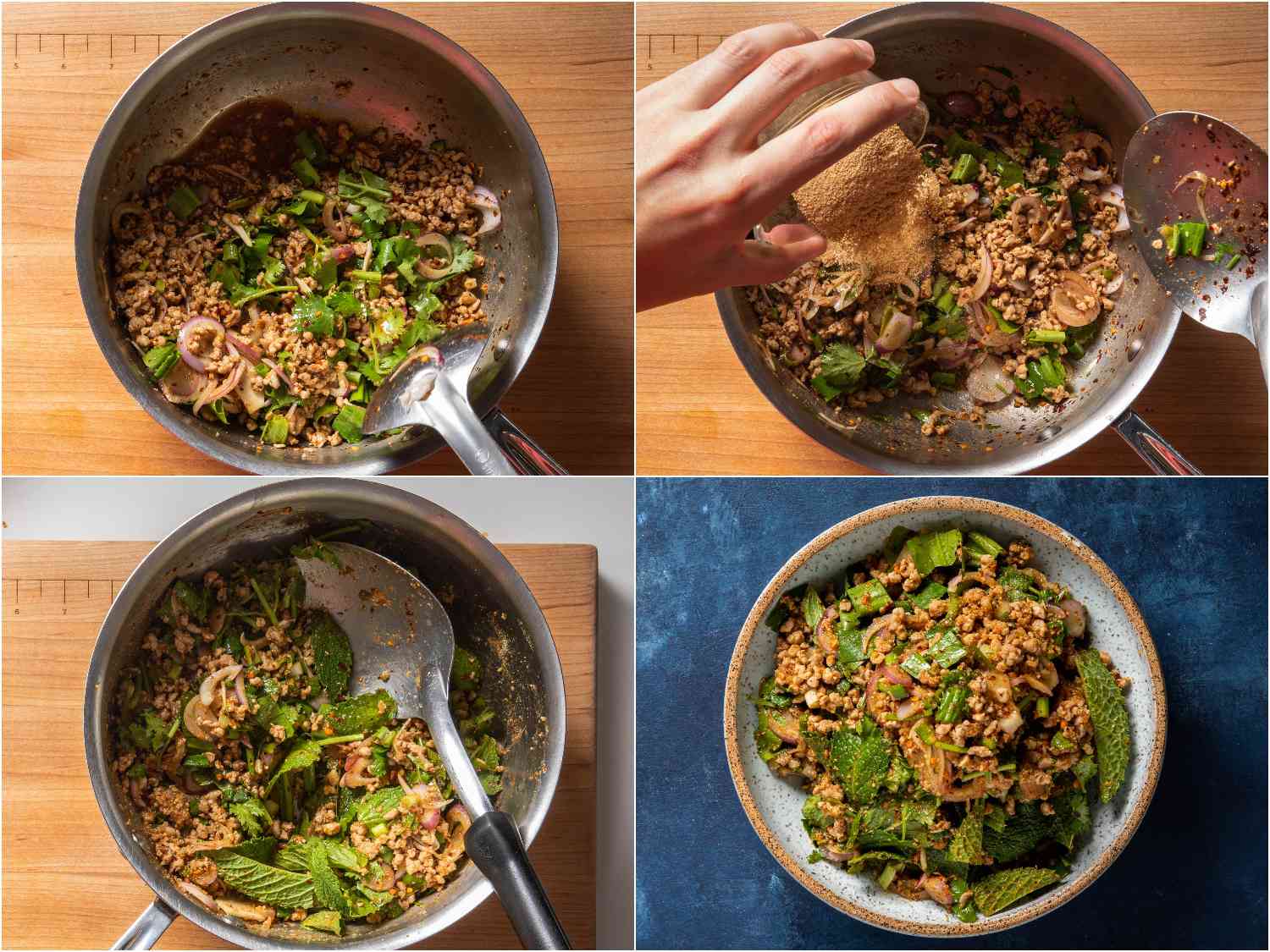 Stirring herbs and khao khua into pork laab. 