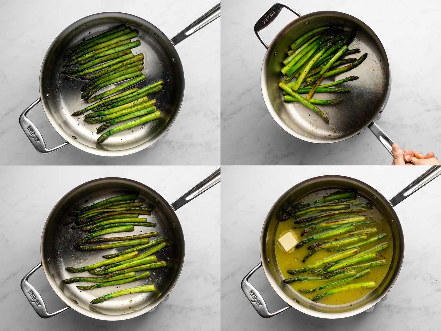 Asparagus added to sautÃ© pan, and seasoned with salt and pepper