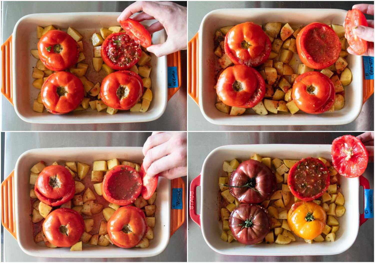 Collage of four different test batches of rice-stuffed tomatoes from the first round of recipe testing.