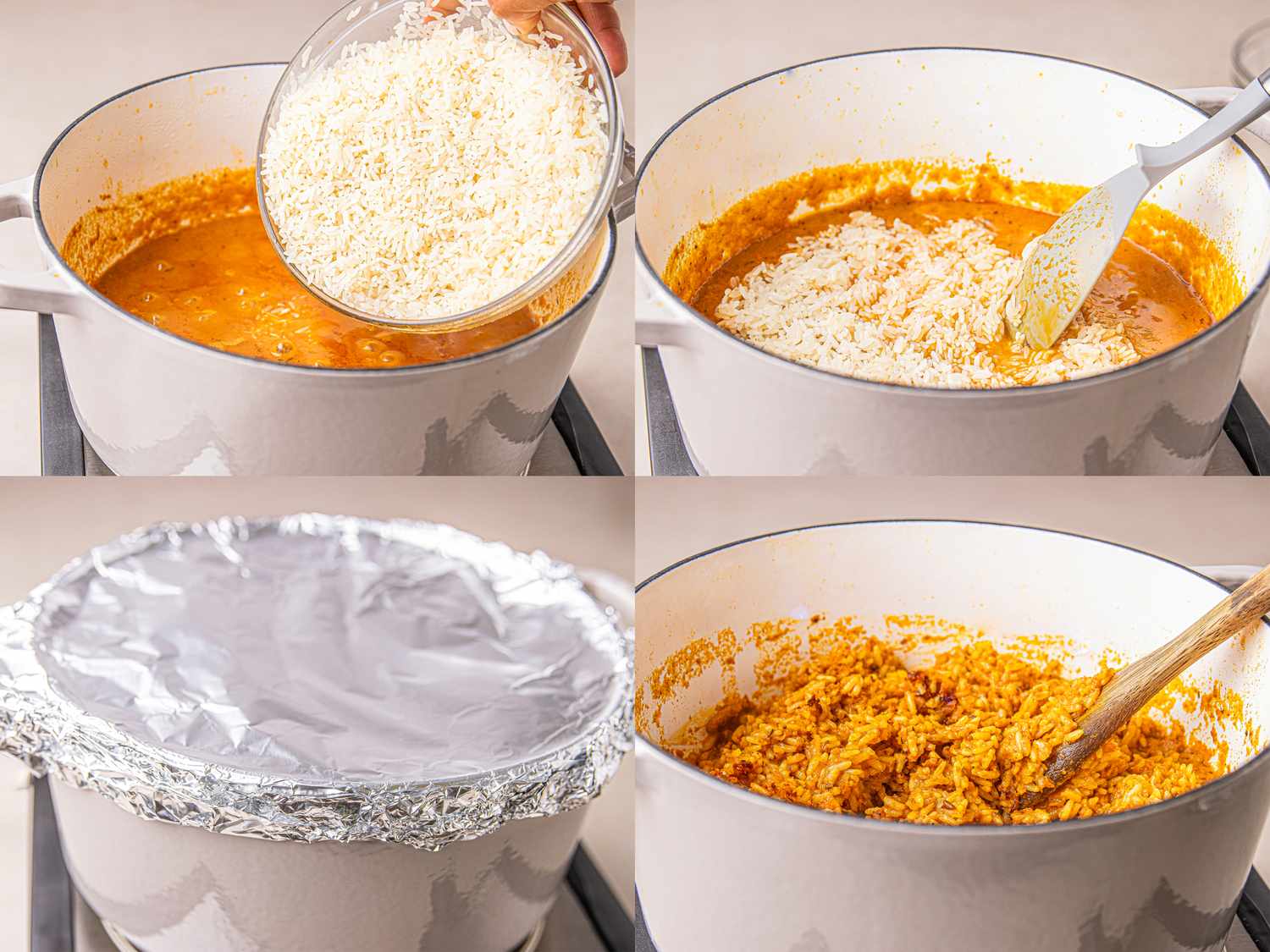Fourstep process of cooking Nigerian jollof rice in a pot