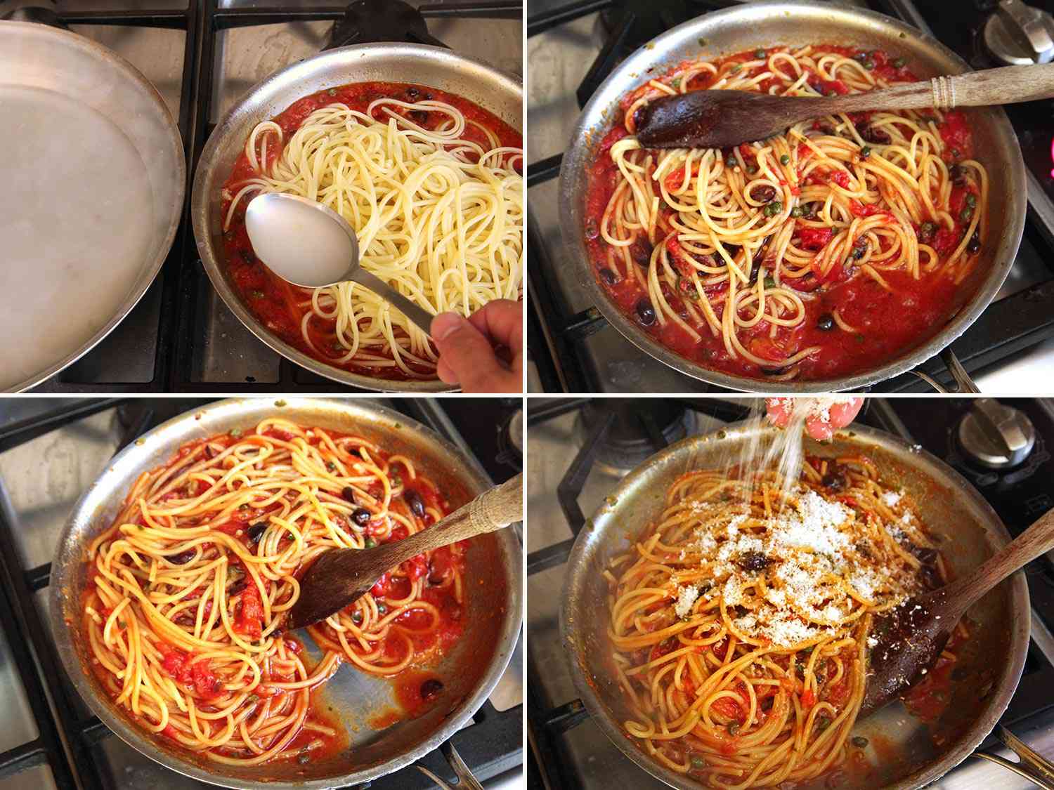 Photo collage showing finishing pasta puttanesca with pasta water and cheese.
