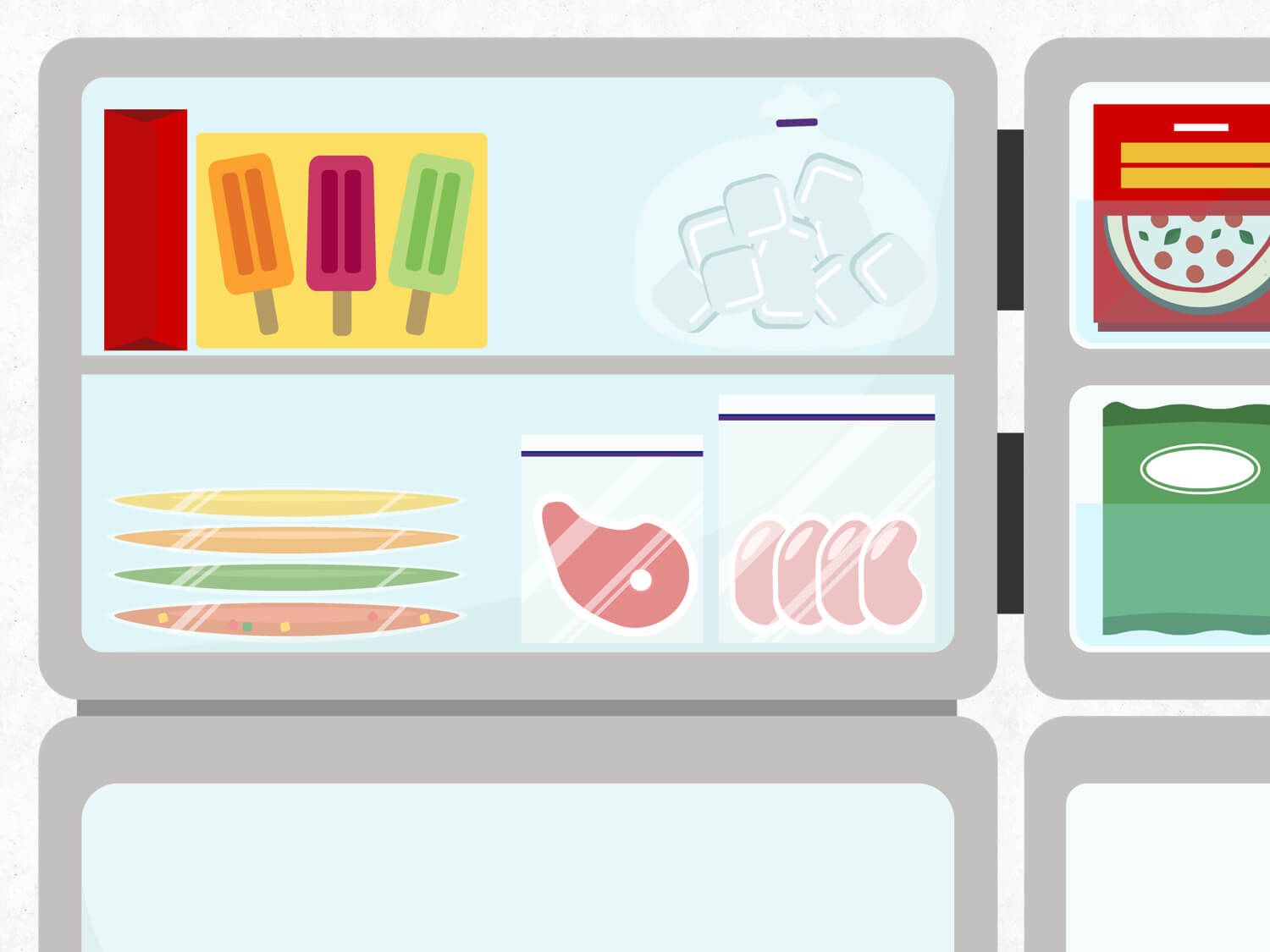 Graphic illustration of the freezer shelves in a refrigerator, holding frozen meats, flat-frozen items in bags, popsicles, and packaged foods