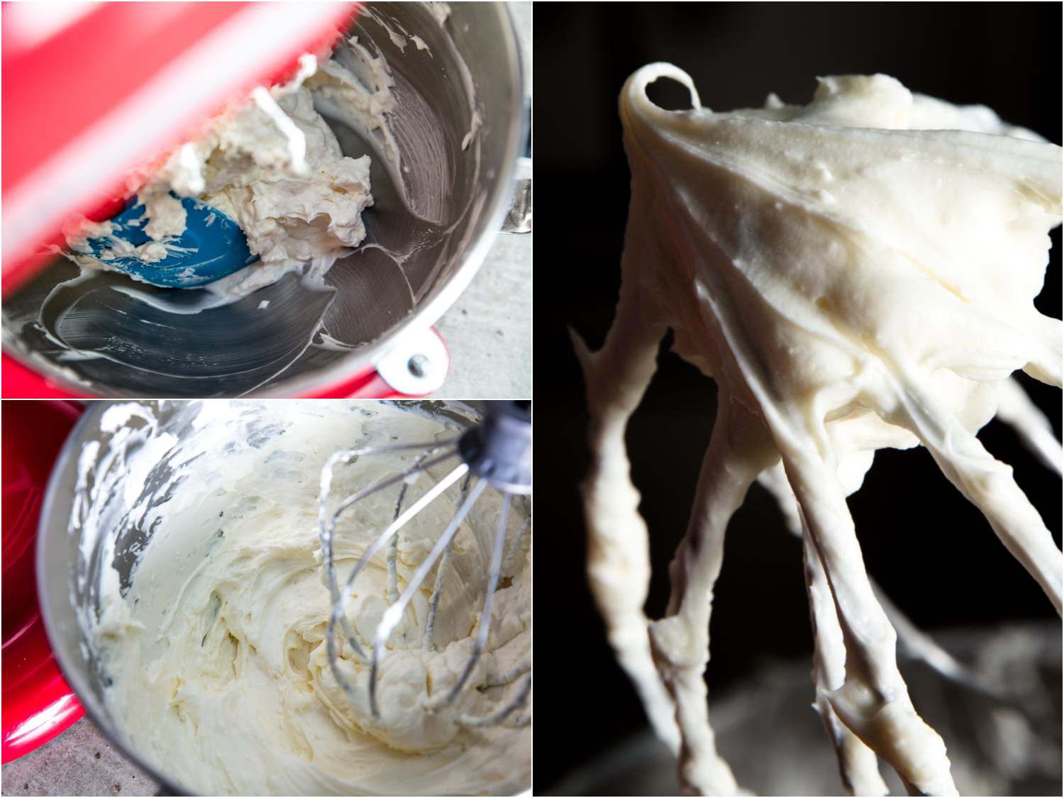 Collage of whisking until cream cheese is smooth and light in the mixing bowl of a stand mixer. 