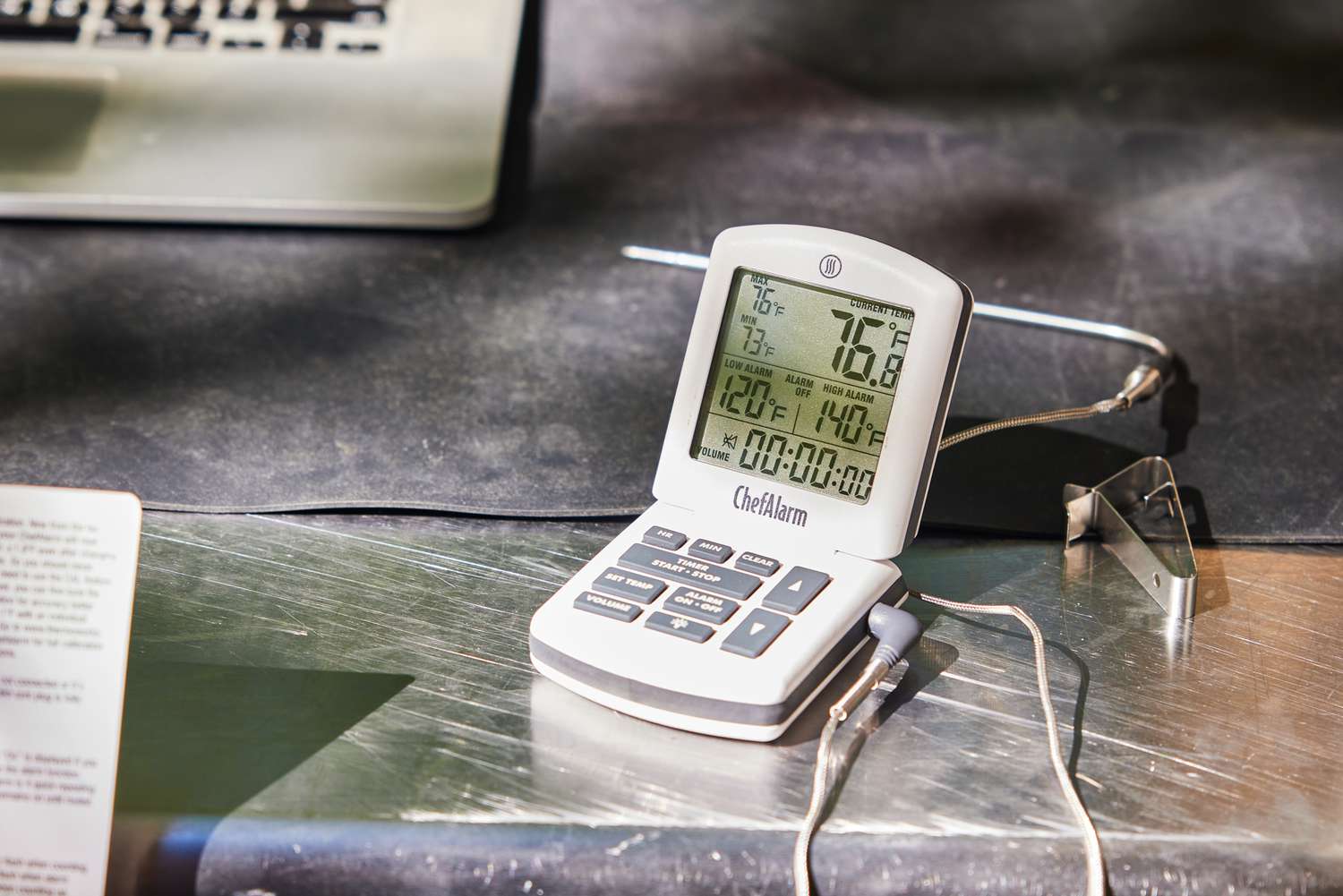 ThermoWorks ChefAlarm displayed on a stainless steel surface