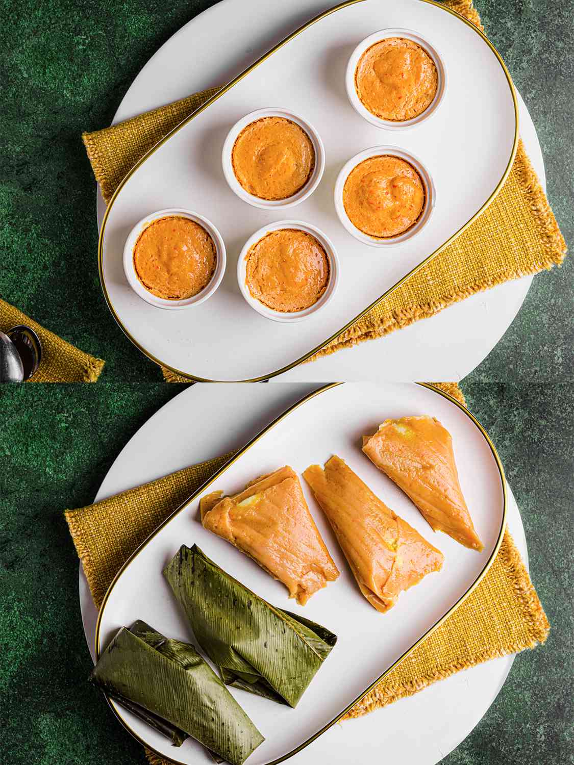 Two image collage of overhead view of moin moin prepare in ramekins and leaves