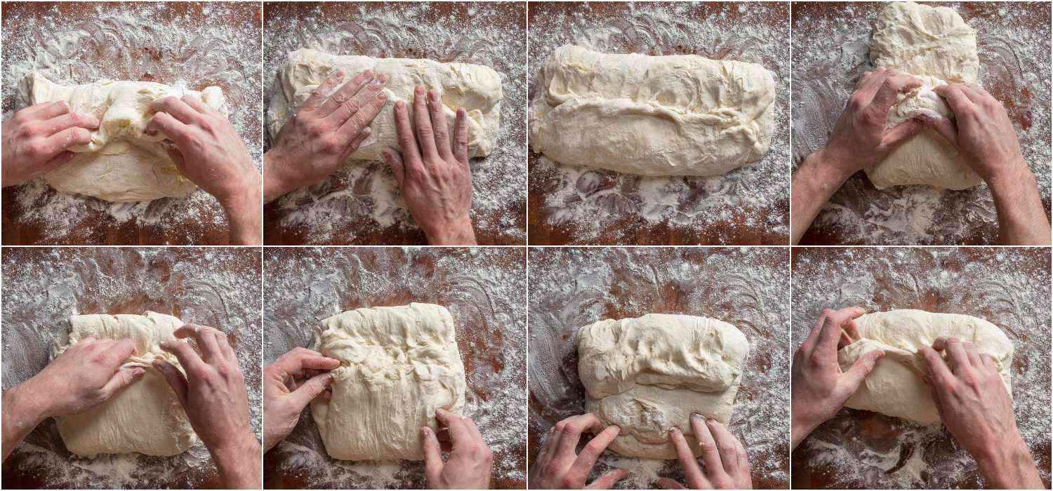 Collage showing the dough-folding process, step by step.