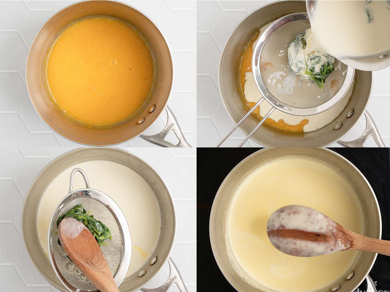 A four-image collage. A four-image collage. The top left image shows the egg yolks and sugar whisked together until well combined inside another heavy-bottomed saucepan. The top right image shows the dairy being strained into the pot with the egg yolks. The bottom left image shows the mint leaves in the strainer being pressed with a wooden spoon. The bottom right image shows a clean line formed on the the back of a spoon after swiping custard (on back of a spoon) with a finger.
