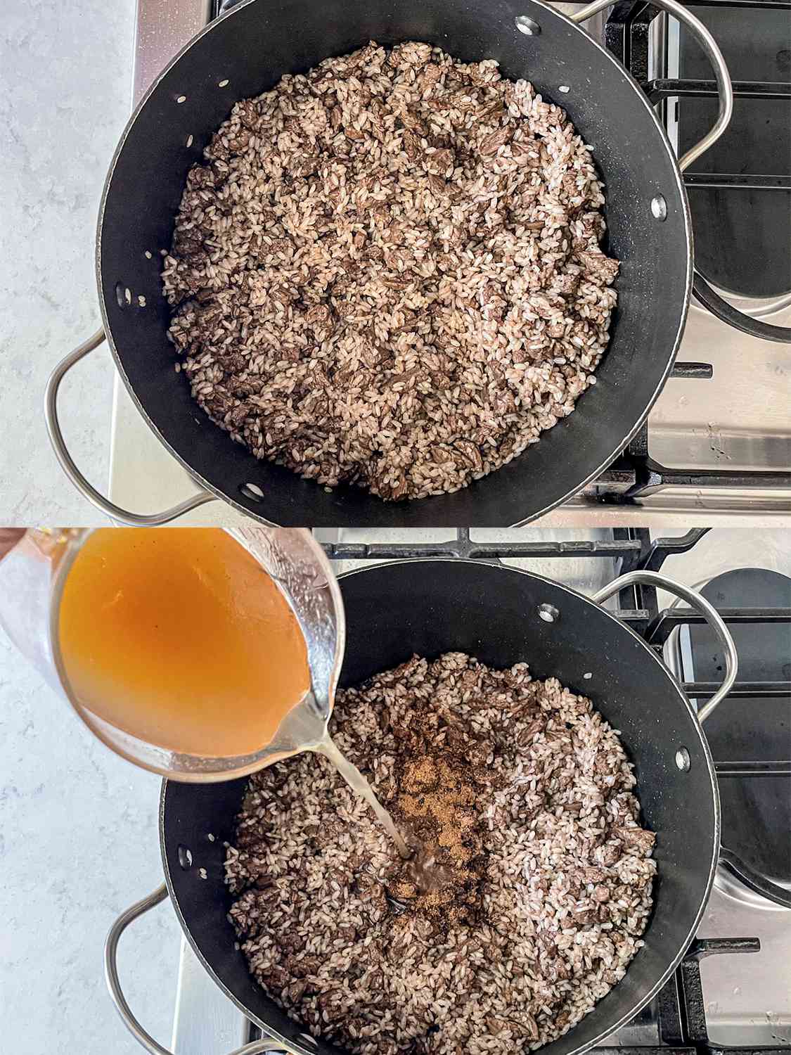 Chicken stock added to a beef and rice mixture.