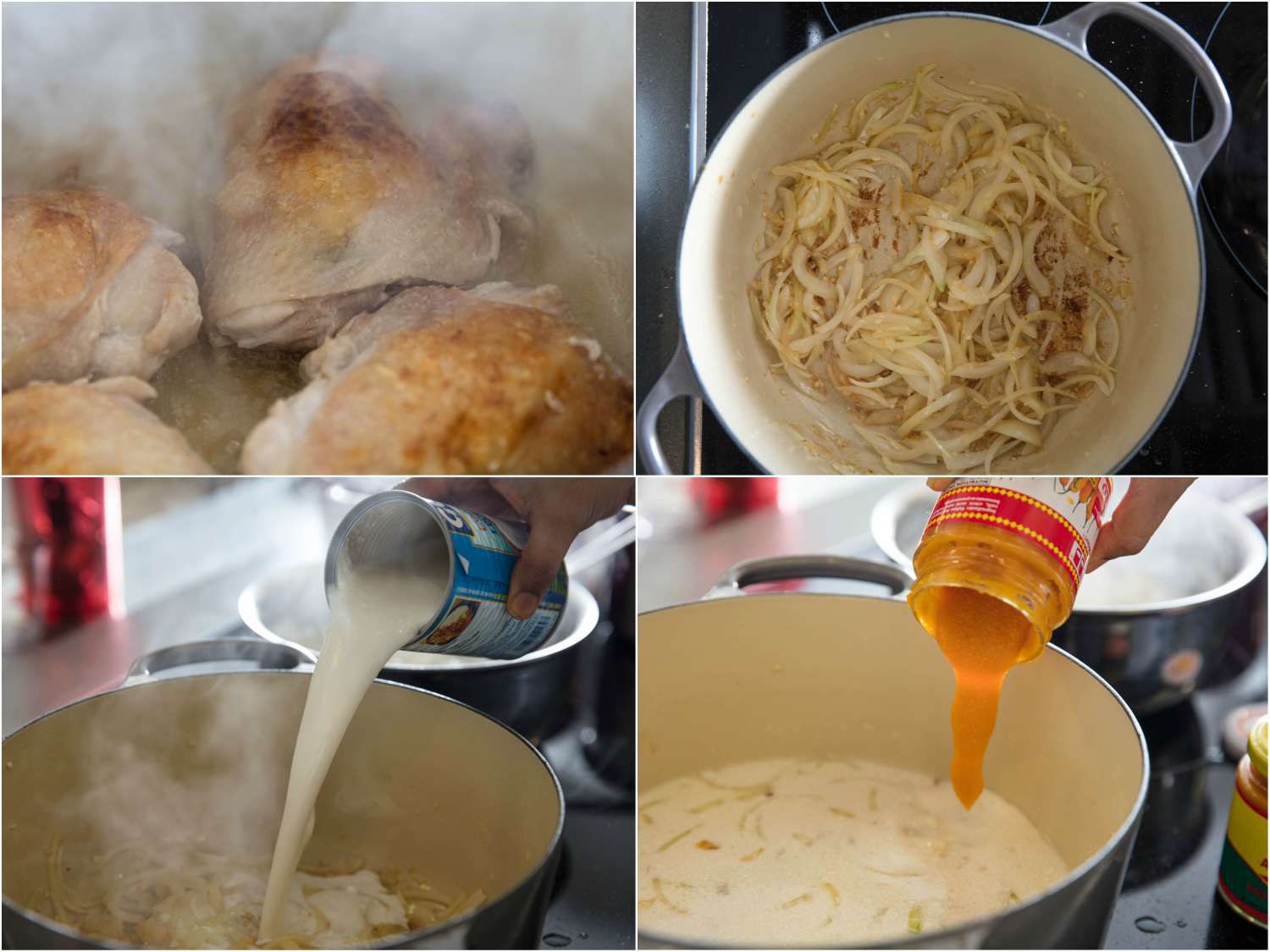 A collage: browning chicken thighs, sweating onions, adding coconut milk and aji amarillo paste to a Dutch oven. 