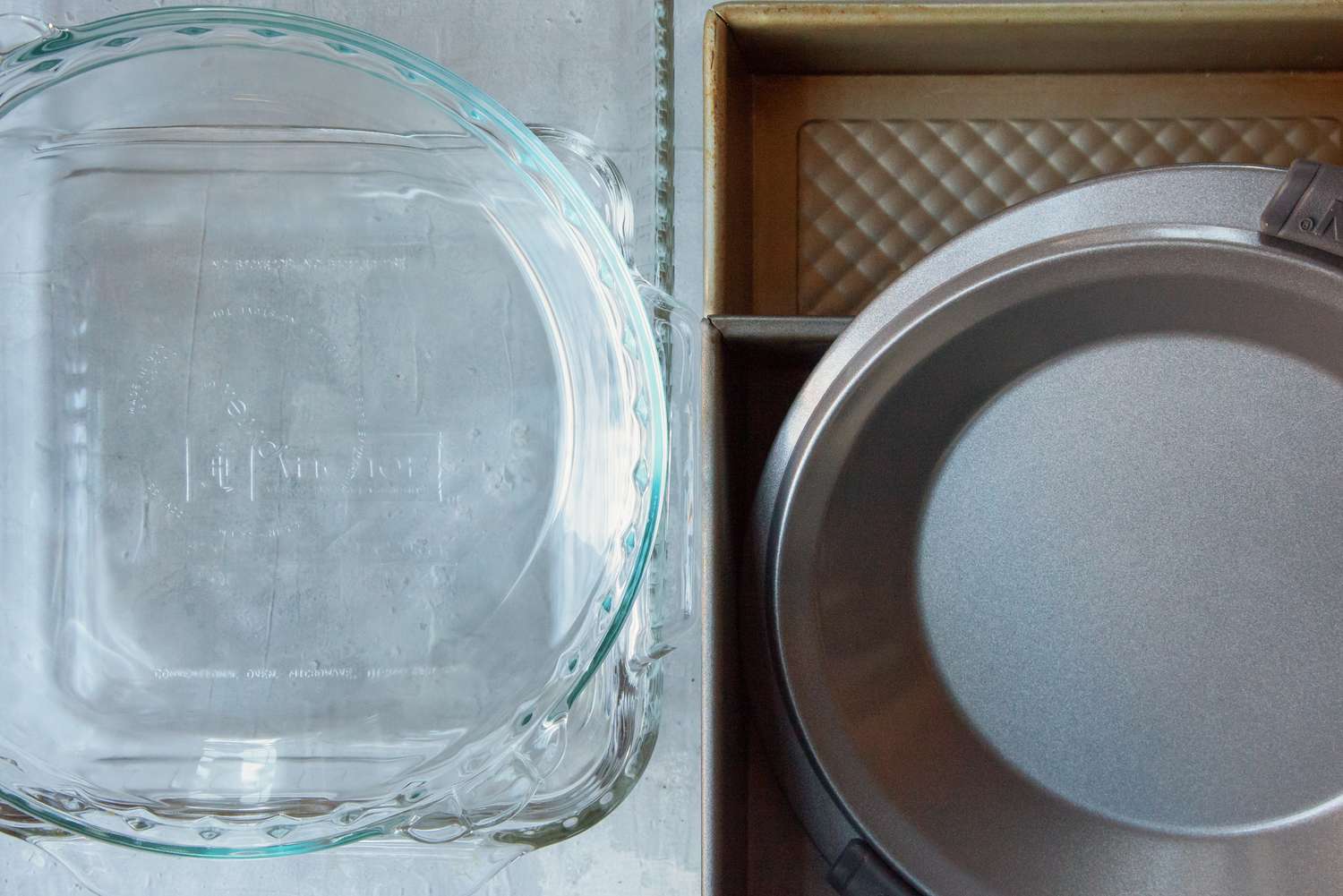 glass pie and casserole dishes and metal pie pans and baking tins. 