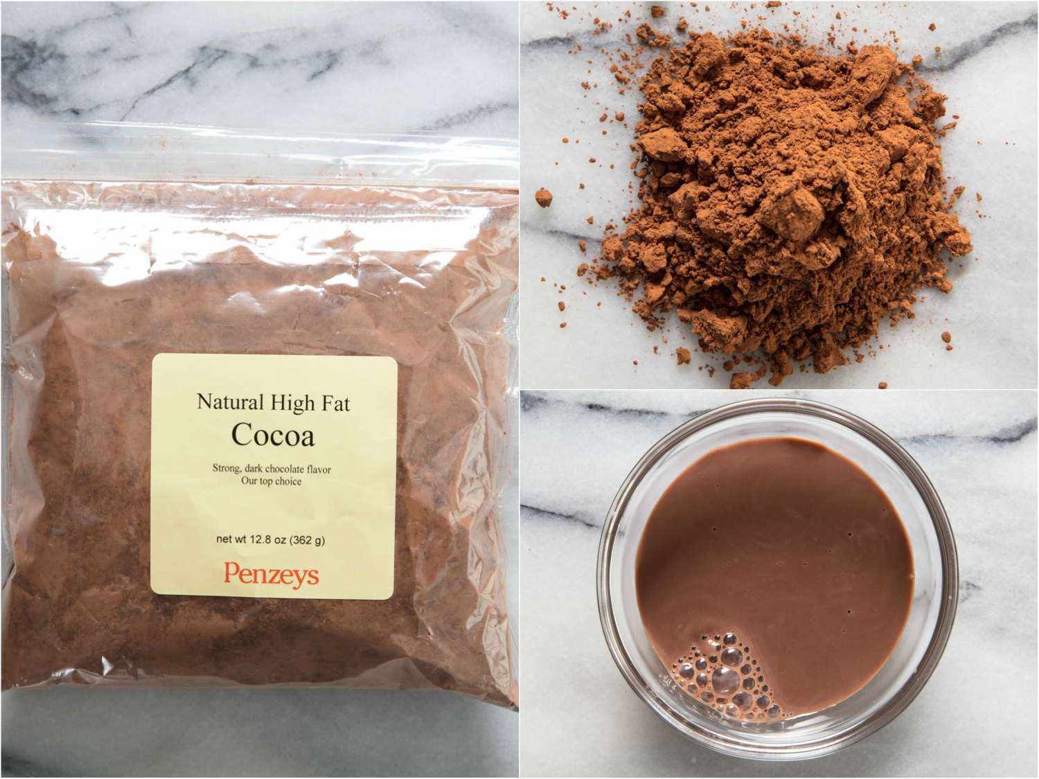 Collage of Penzeys cocoa powder, by itself, in hot cocoa, and in the packaging
