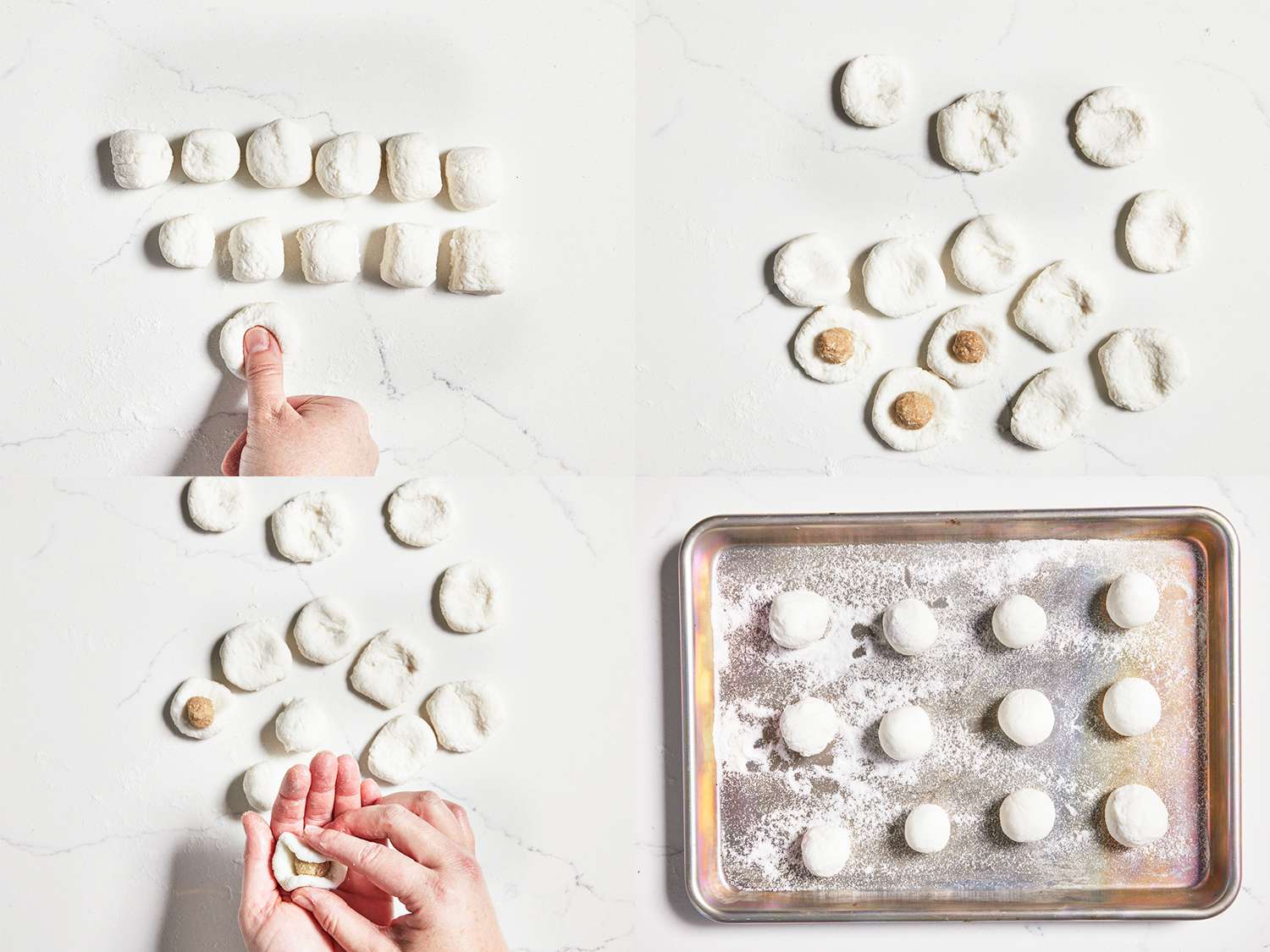 Four Image Collage of a thumb pressing into a dough ball, sesame filling being added to the dough ball, using two hands to form dough around filling, and finished tang yaun on a baking sheet.