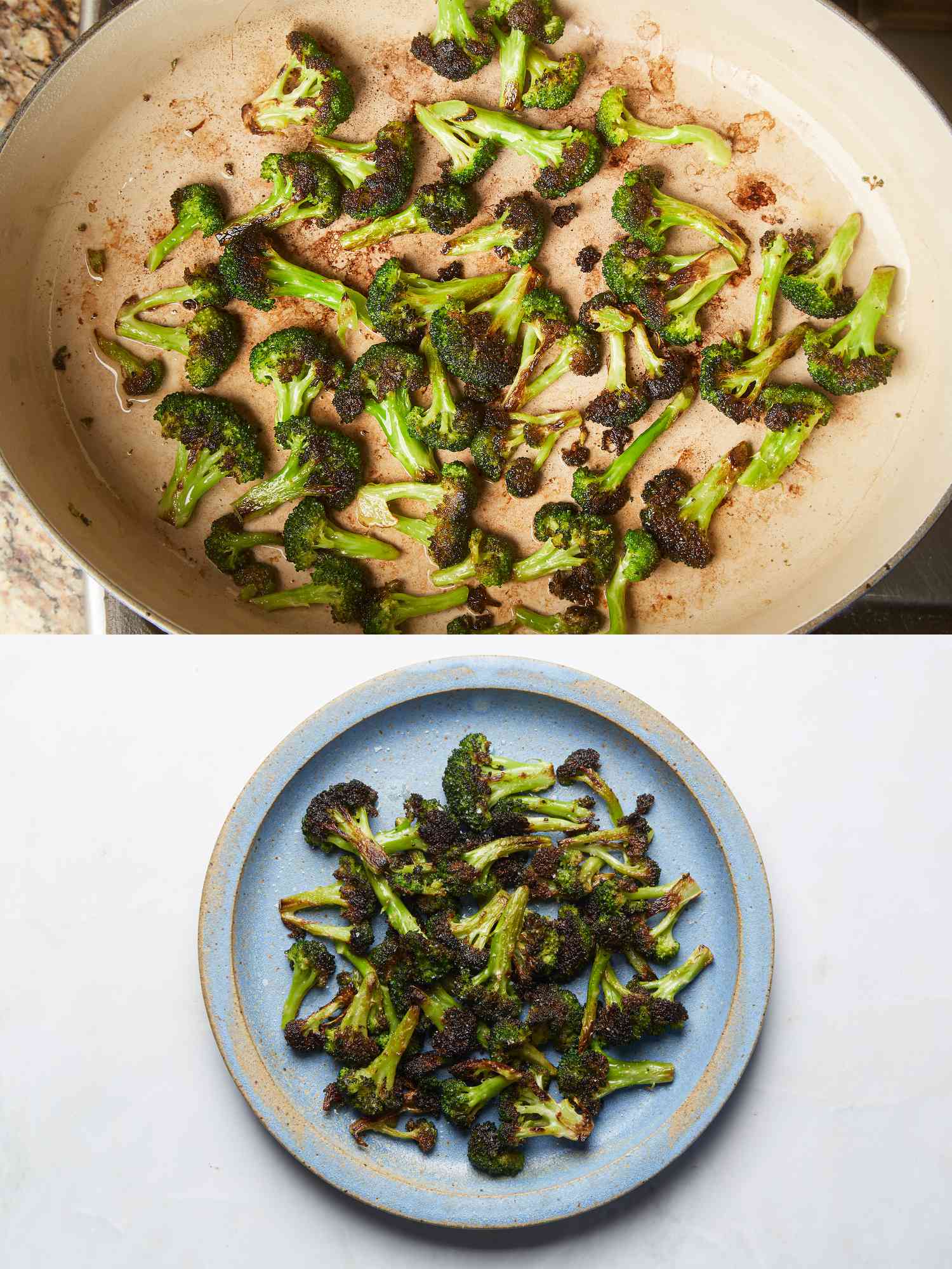 2 image collage.Top: Broccoli in dutch over, roasted and browned Bottom: Roasted broccoli on a plate seasoned with salt