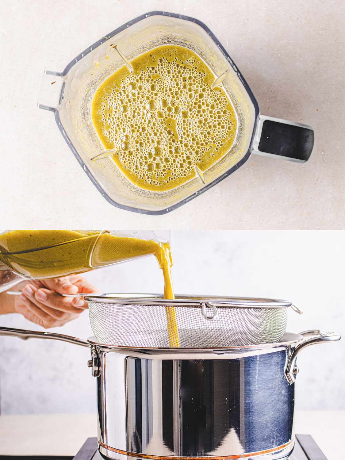 Two image collage of overhead view of blended stock and straining stock back into the pot