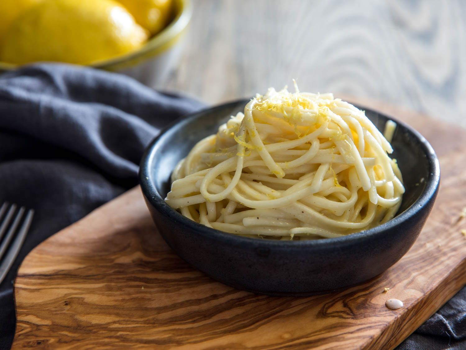 A serving size bowl of pasta al limone. 
