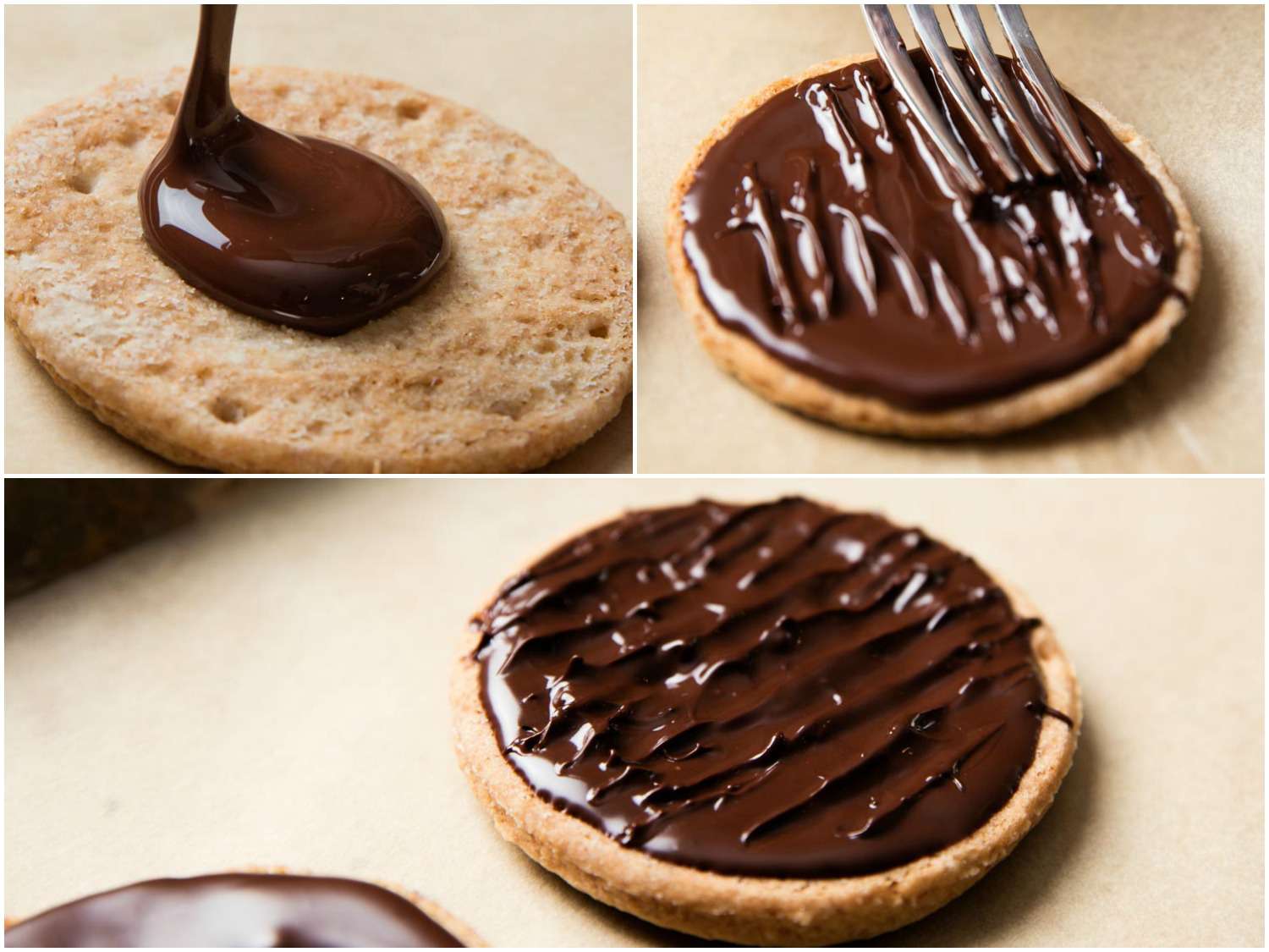 A three-image collage showing the tempered chocolate being poured onto a cookie and then being pressed with a fork, which causes the distinctive lines on top of McVities cookies.