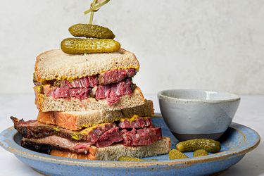 Side view of a montreal smoked meat sandwich
