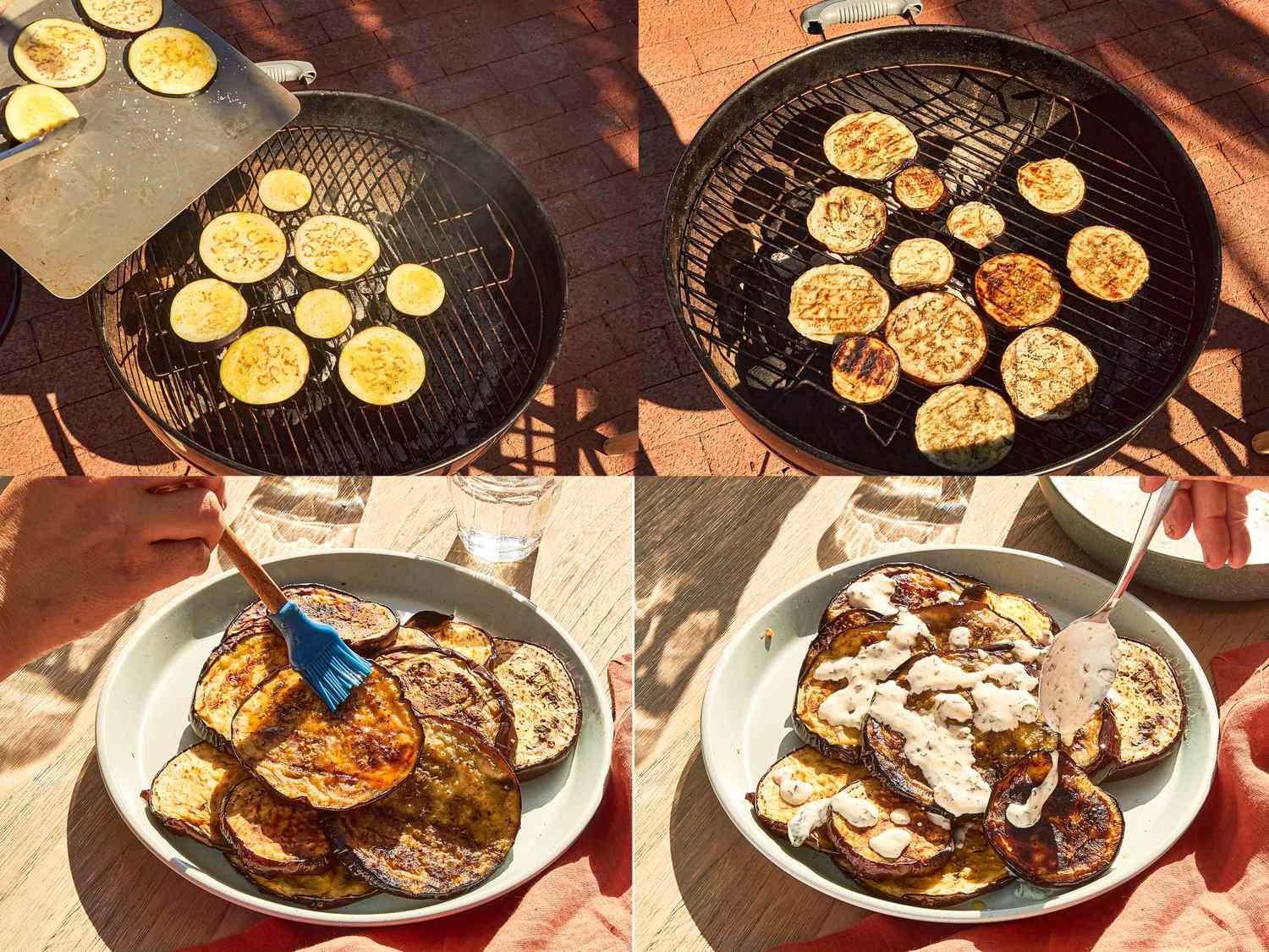 Steps to prepare grilled eggplant from grilling slices to adding a sauce over them