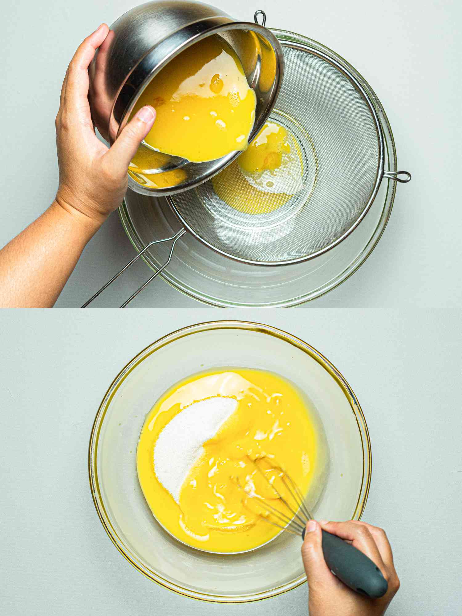 Two image collage of straining eggs and whisking in sugar
