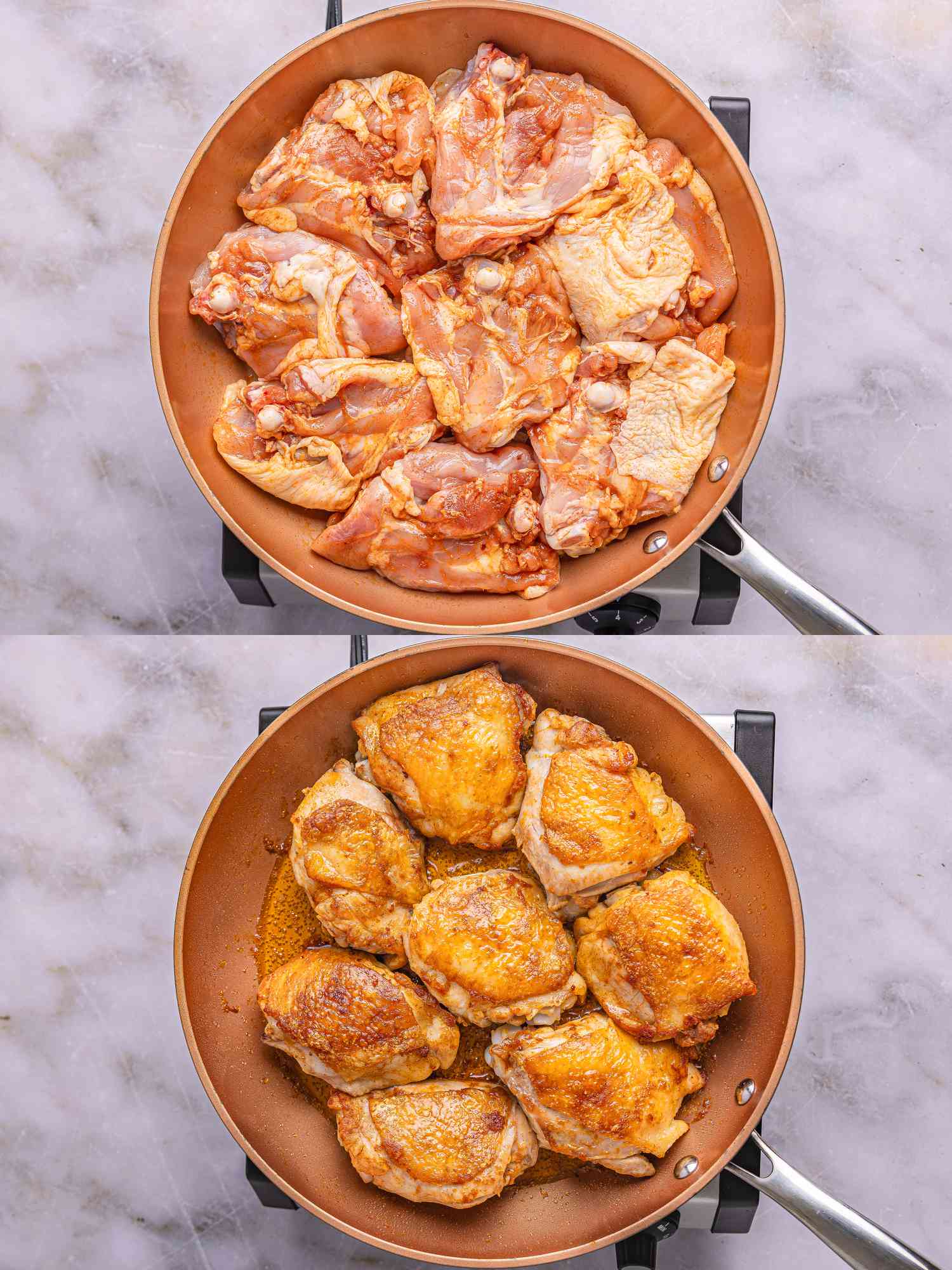 2 image collage. Top: chicken cooking in skillet, skin down. Bottom: chicken flipped in skillet after skin has browned