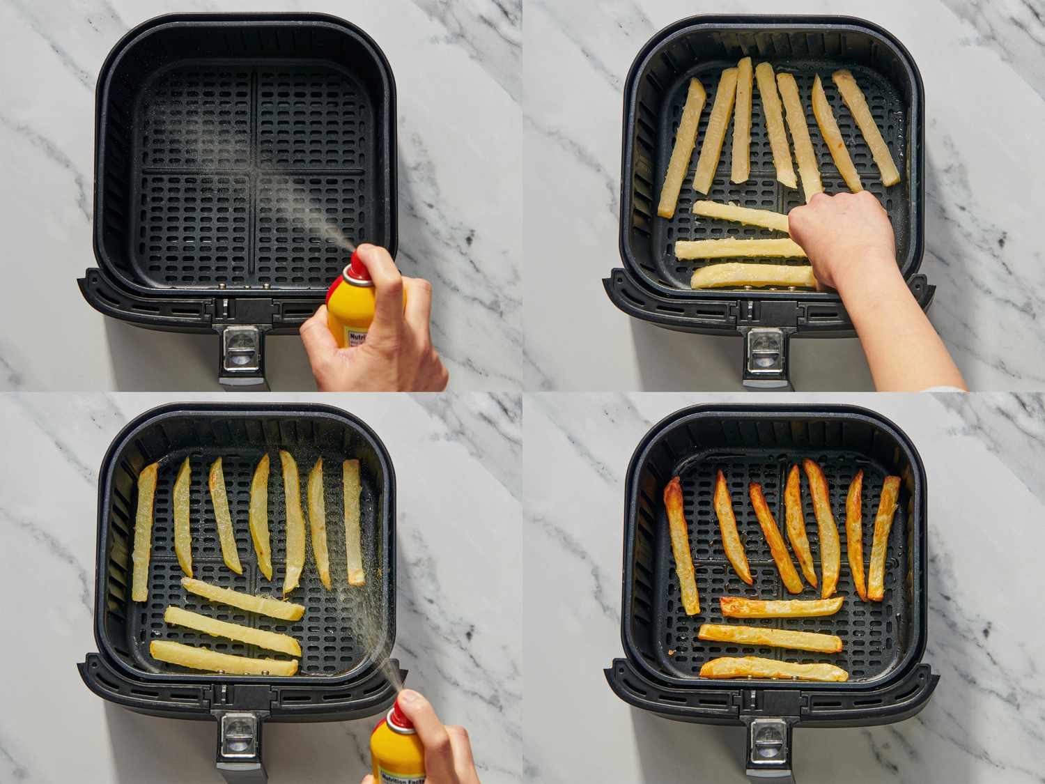 Steps showing a hand placing spraying and cooking French fries in an air fryer