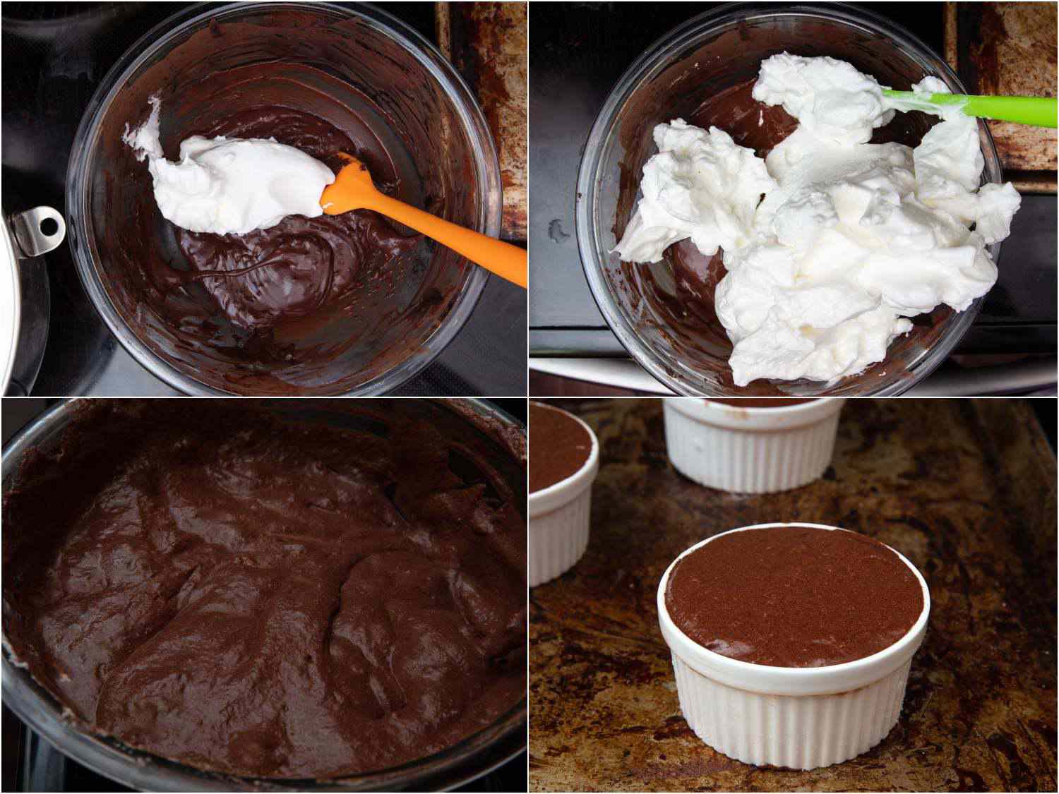 A four image collage. The top left shows beaten egg whites being mixed into the chocolate mixture. The top right shows a much larger portion of beaten egg whites being mixed in the chocolate. The bottom left shows the egg white fully mixed in the chocolate. The bottom right shows the chocolate mixture resting in three ramekins . 