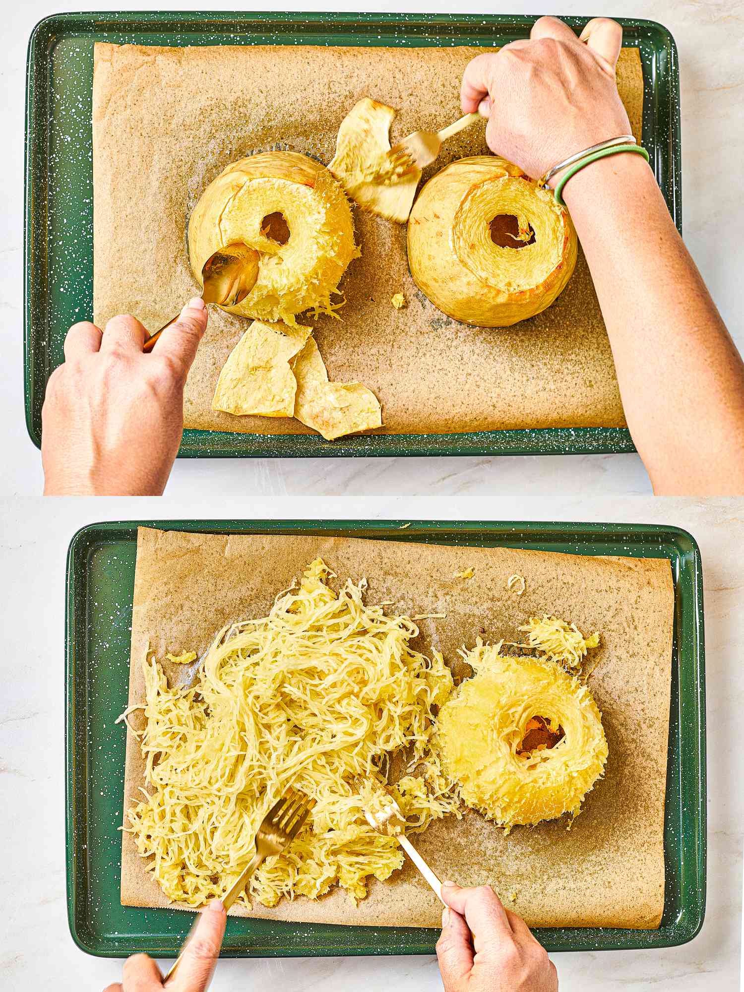 Two image collage of separating skin and shredding into spaghetti strands
