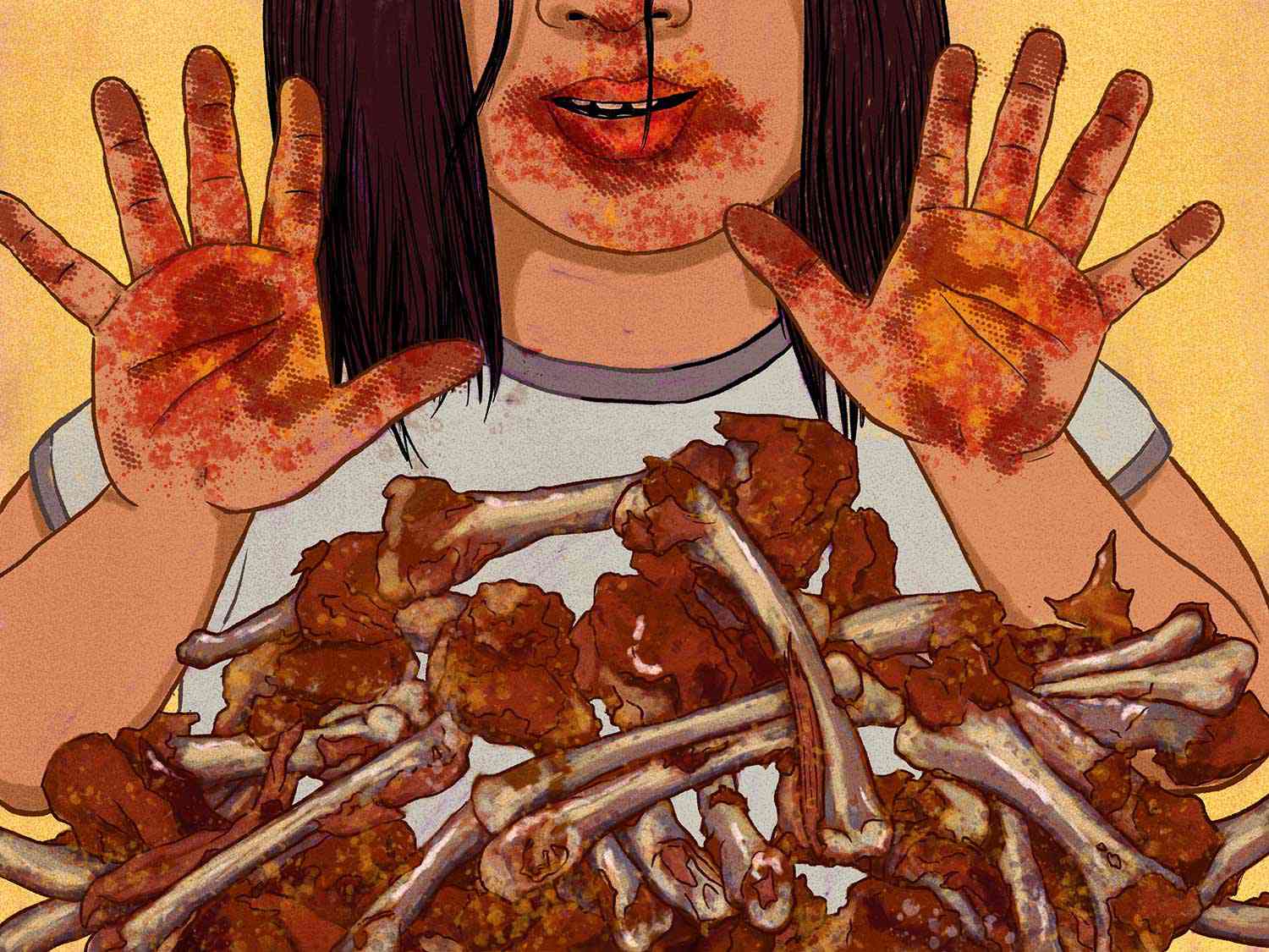 Illustration of a pile of gnawed-on chicken wings in front of a child's messy hands and face