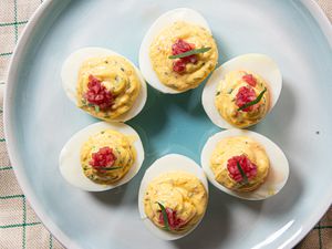 Overhead view of Spring deviled eggs