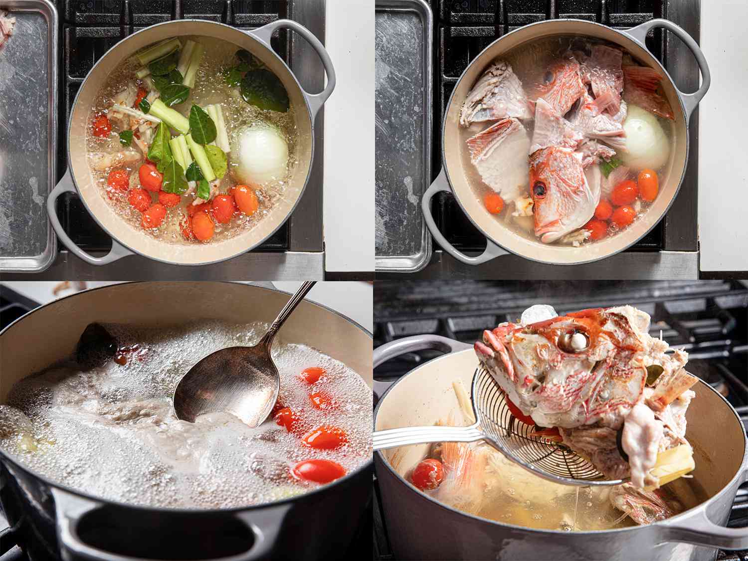 Four image collage. Top left: vegetables for stock boiling in a pot. Top Right: fish head and parts added to stock. Bottom left: A metal spoon skimming off top of broth. Bottom Right: removing the fishhead from stock. 