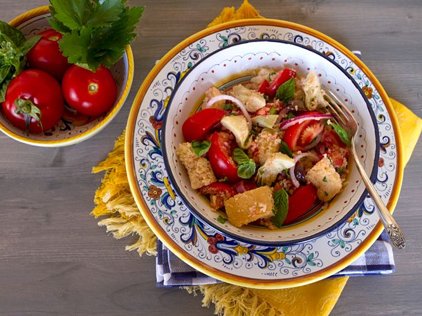 Panzanella with Artichokes, Black Olives, and Capers