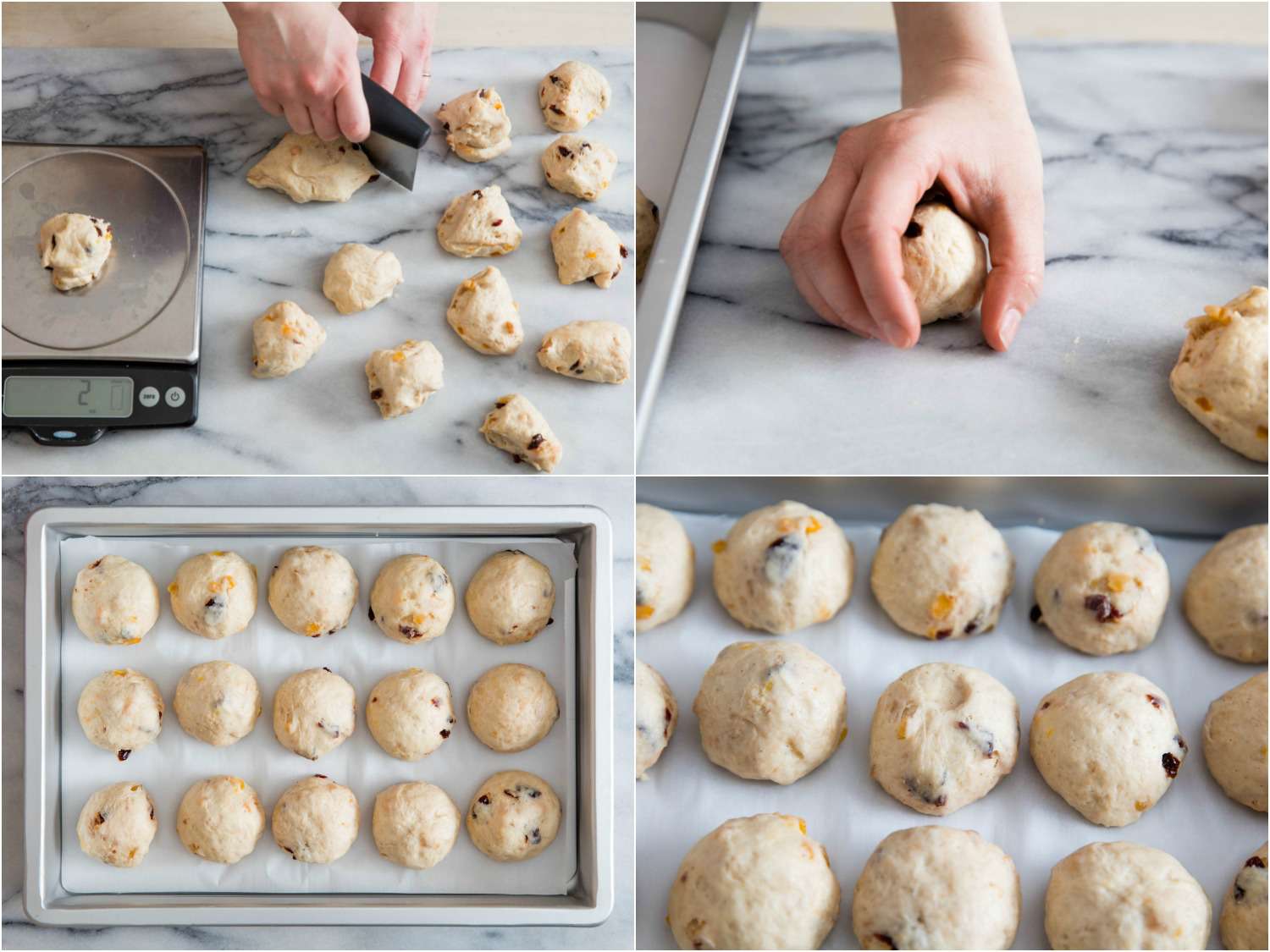 Collage of portioning the dough by weight, forming into balls, and placing in a parchment-lined baking pan.