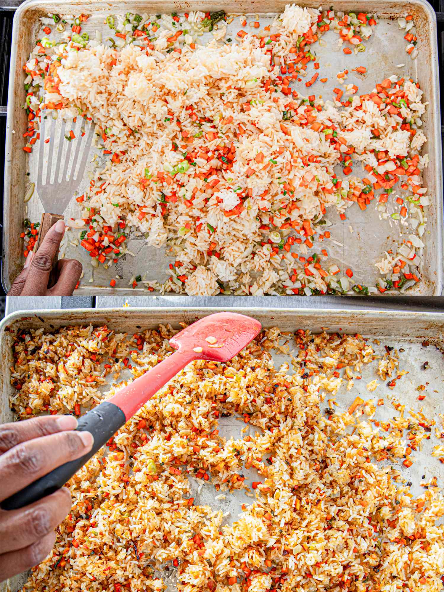 Steps of making sheet pan fried rice being demonstrated with utensils on a baking sheet