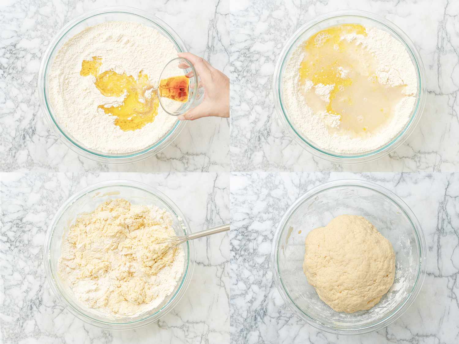 Four image collage of adding vanilla, egg, water and forming into a dough