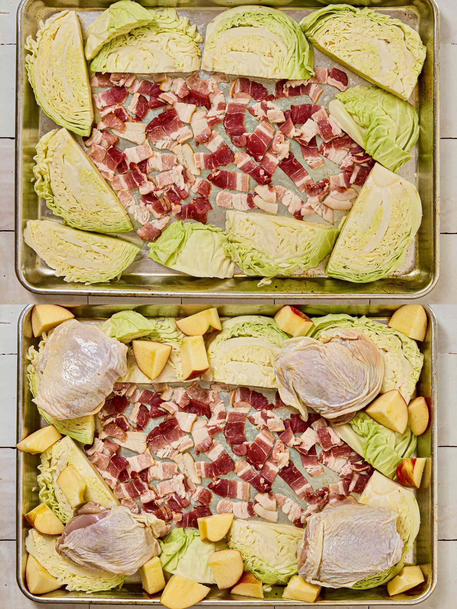 Two sheet pans of food preparation one with cabbage wedges and diced bacon the other with added chicken thighs and apple slices