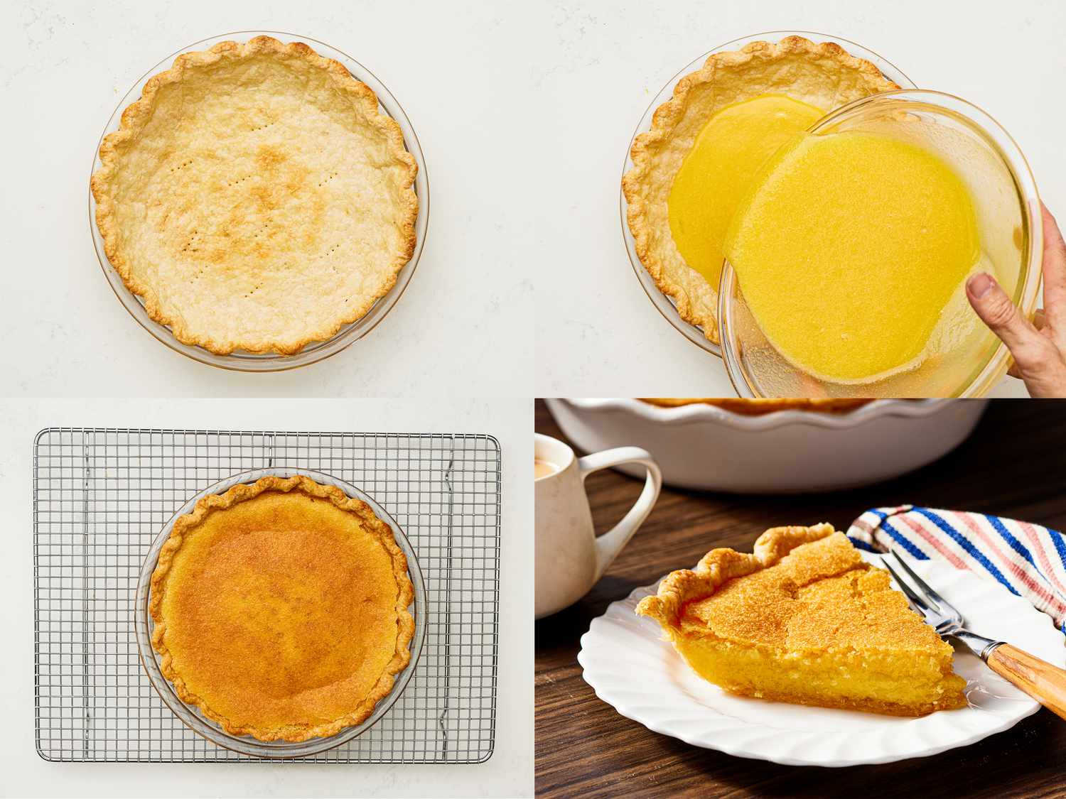 Four image collage of chess pie being assembled and after being baked