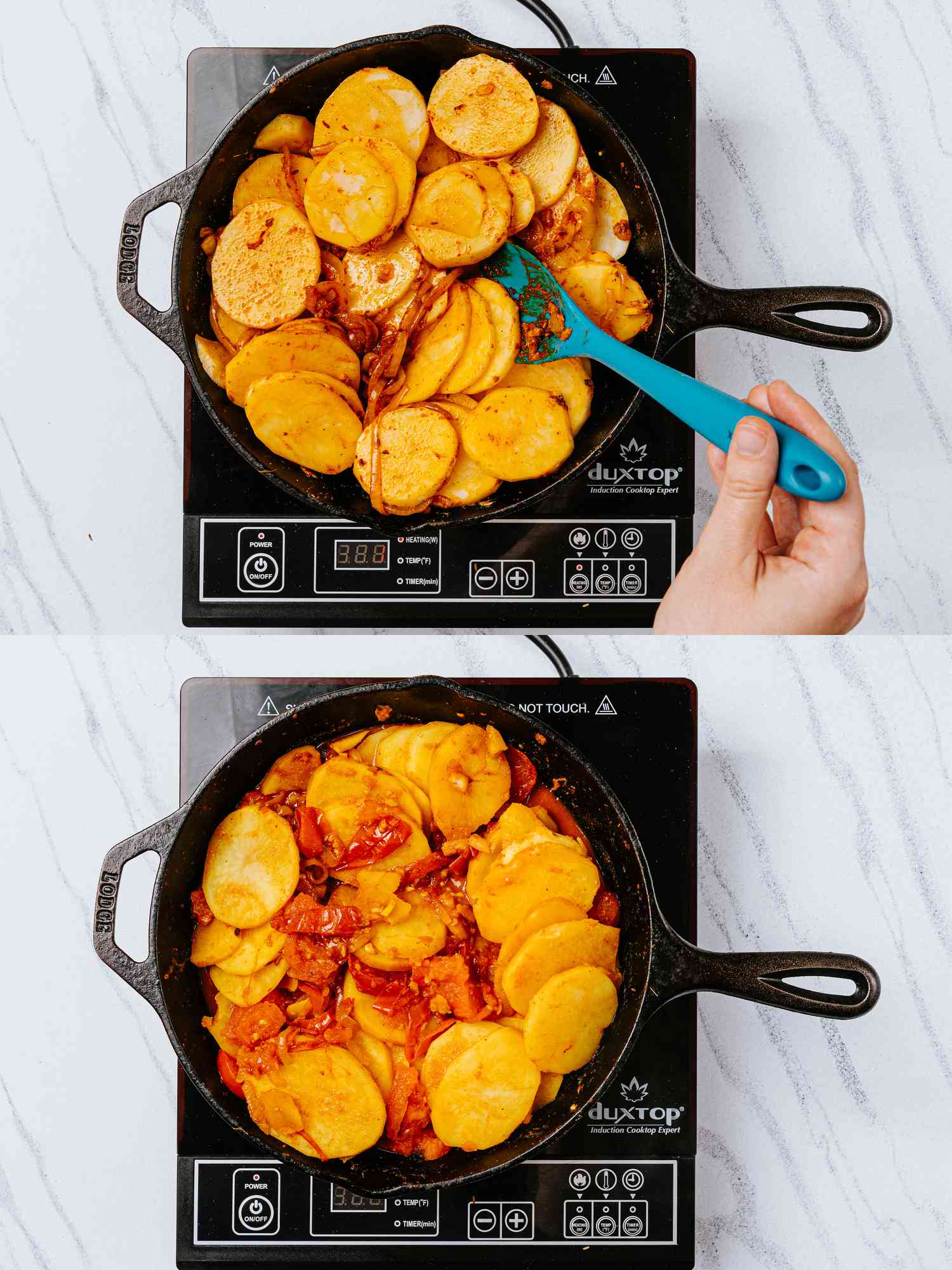 Two image collage of adding potatoes and tomatoes to the skillet