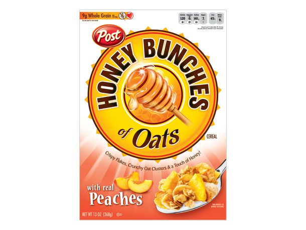 Peach-flavored Honey Bunches of Oats box cover.